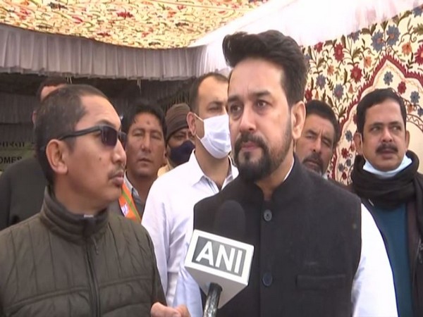 Union Minister Anurag Thakur speaking to ANI in Kargil on Saturday. (Photo/ANI)