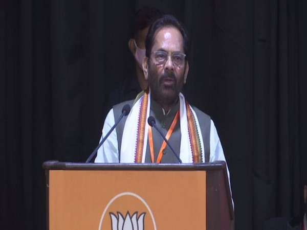Union Cabinet Minister of Minority Affairs Mukhtar Abbas Naqvi speaking at BJP Minority Morcha National Executive meeting (Photo/ANI)