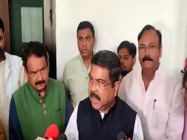 Union Minister Dharmendra Pradhan speaking to reporters on Saturday. [Photo/ANI]