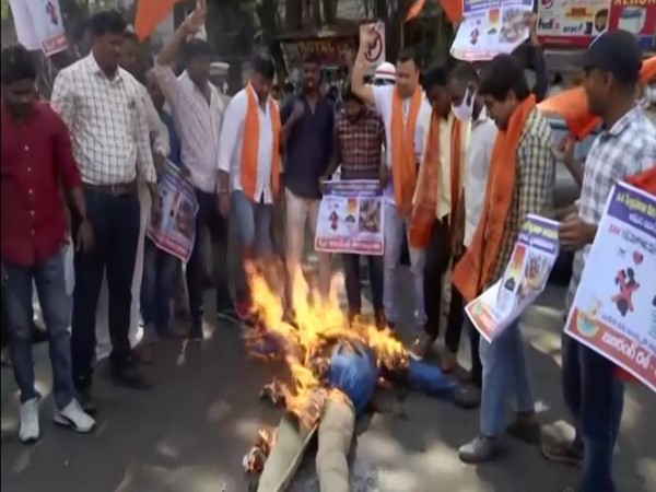 Bajrang Dal members protesting at Hyderabad (Photo/ANI) 