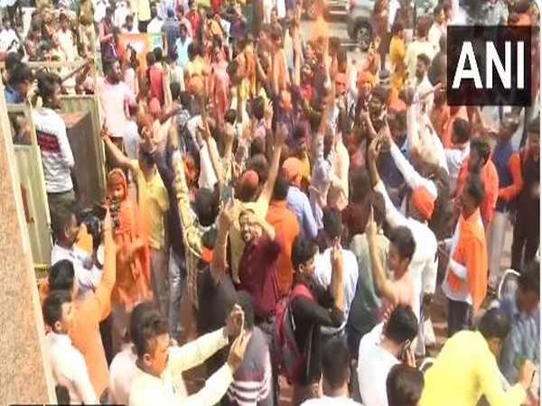 Bharatiya Janata Party (BJP) workers in Lucknow celebrate as official trends show the party sweeping elections in Uttar Pradesh (Photo/ANI)