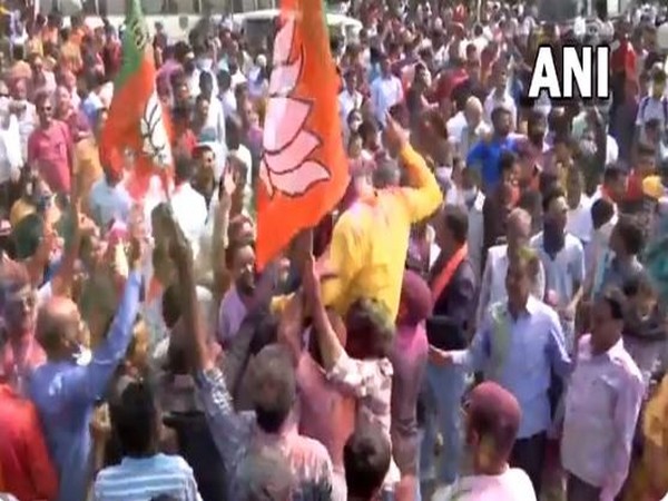 BJP celebrates as party lead in Gandhinagar local body elections (Photo/ANI)
