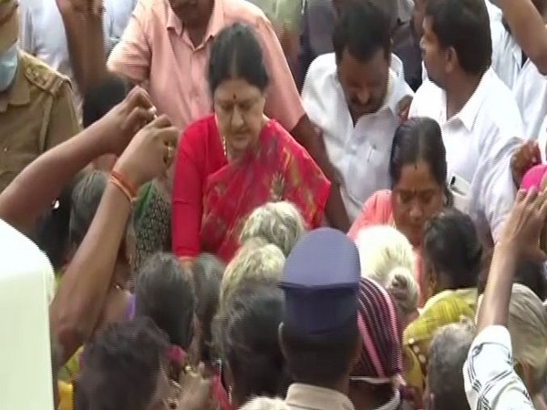 Former AIADMK leader VK Sasikala distributed relief material in rain-affected areas in Chennai (Photo/ANI)