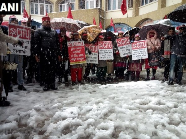 Centre of Indian Trade Unions during a protest in support of the Bharat Bandh in Shimla, Himachal Pradesh, on Wednesday. (Photo/ANI)
