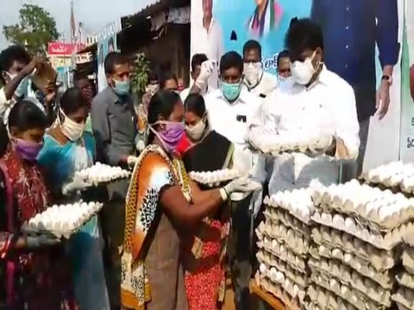 YSR Congress Party MLA distributing 2 tonnes of chicken and 15,000 eggs in Erpedu village, AP. Photo/ ANI