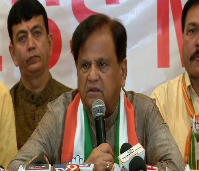 Senior Congress leader Ahmed Patel speaking to media persons in Rajkot on Saturday. Photo/ANI