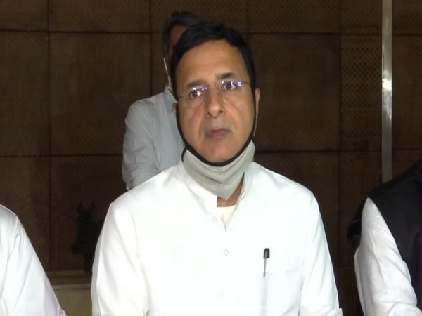 Senior Congress leader and spokesperson Randeep Singh Surjewala addressing a press conference in Jaipur on Monday (Photo/ANI) 