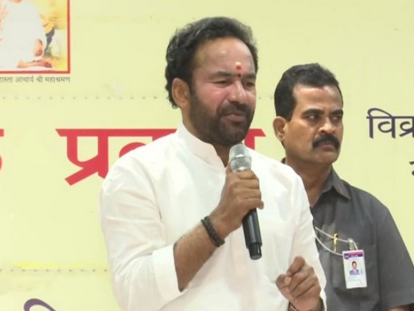 Minister of State for Home Affairs G Kishan Reddy speaking at a blood donation camp held at Terapanth Bhawan in Secunderabad on Sunday. Photo/ANI