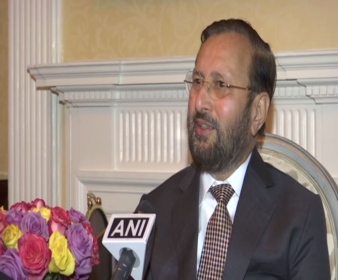 Union Minister Prakash Javadekar speaking to ANI in New York on Tuesday. Photo/ANI