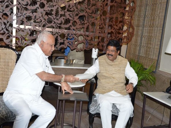 Karnataka Chief Minister BS Yediyurappa met Union Minister Dharmendra Pradhan on Thursday (Photo/ANI)