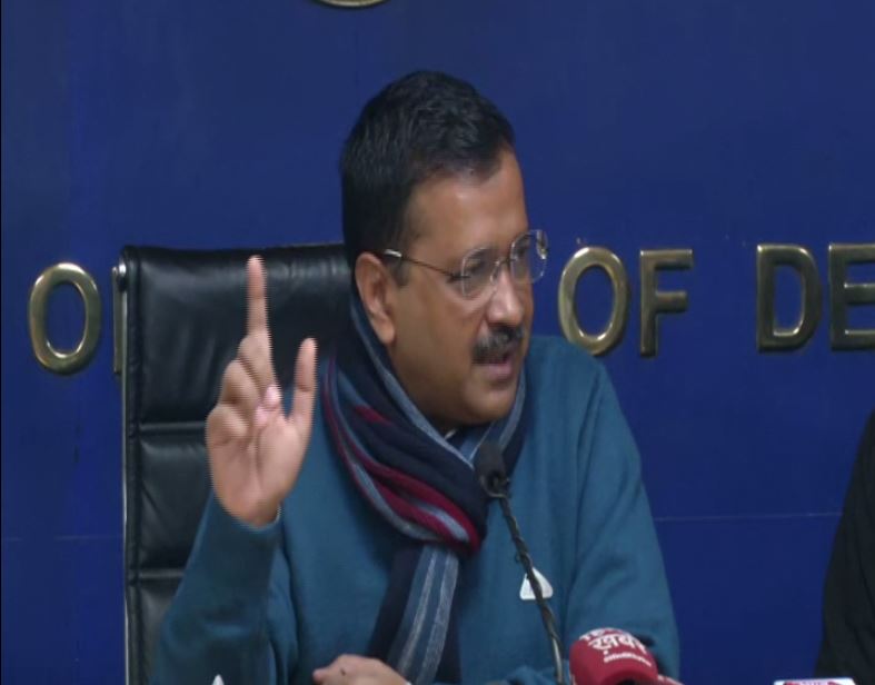Delhi Chief Minister Arvind Kejriwal addressing a press conference on Monday (Photo/ANI)