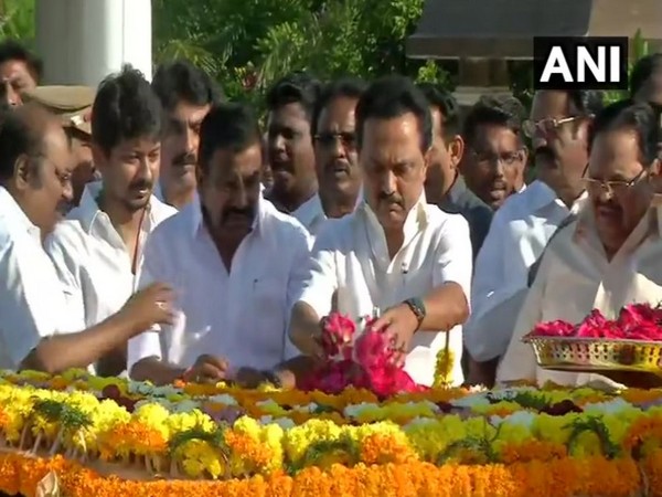 DMK President MK Stalin at Anna Memorial on Monday (Photo/ANI)