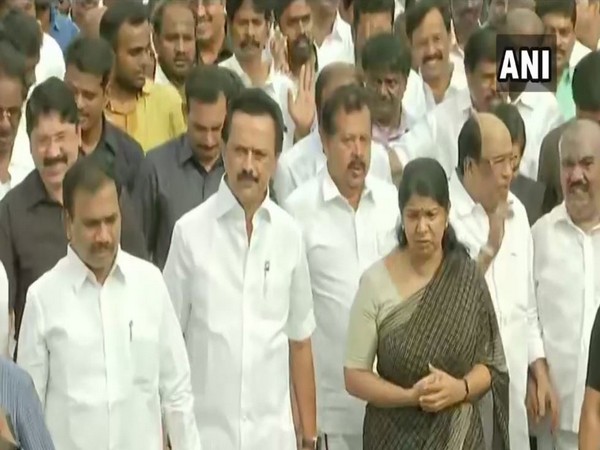 DMK President MK Stalin along with DMK MP Kanimozhi and other party leaders participated in M Karunanidhi's memorial procession on Tuesday. (Photo/ANI)