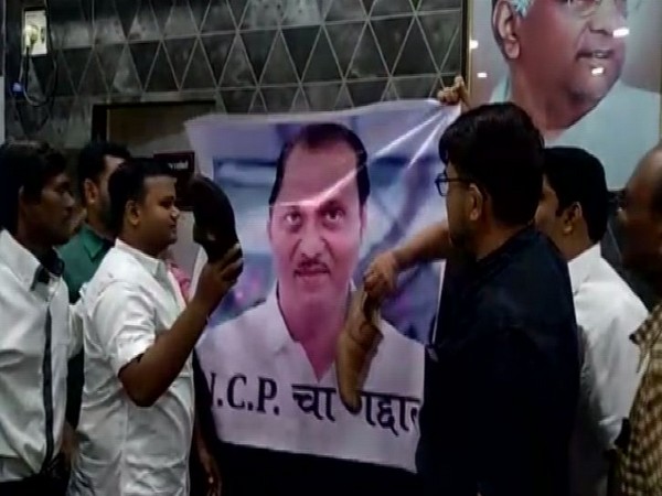 Visuals from the protest against Ajit Pawar by NCP workers in Thane on Sunday. Photo/ANI