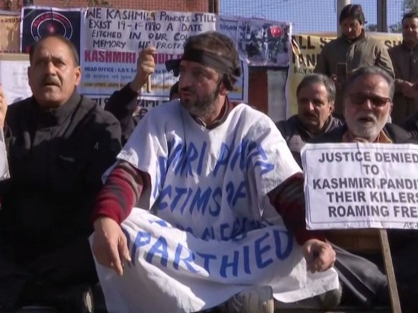 Kashmiri Pandits protesting in Jammu on Sunday. Photo/ANI