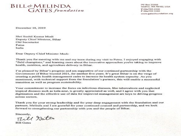 Philanthropist and Microsoft co-founder Bill Gates' letter to Bihar Deputy Chief Minister Sushil Kumar Modi (Photo/Twitter/Sushil Kumar Modi)