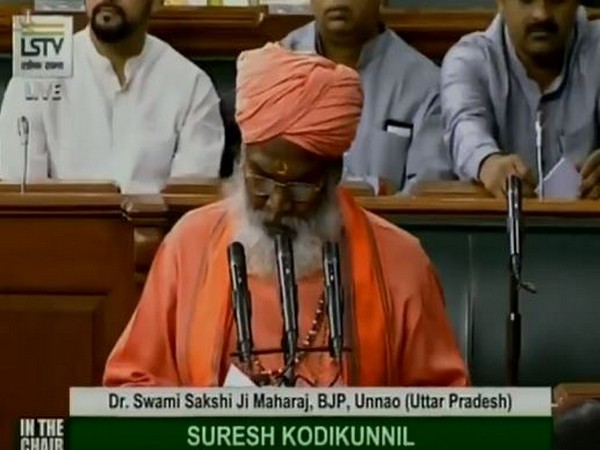 Sakshi Maharaj taking oath as Member of Parliament on Tuesday. Photo/ANI