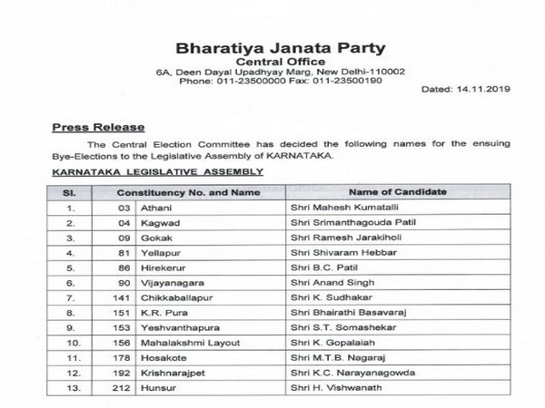 BJP announces names of 13 rebel MLAs (disqualified) as its candidates for Karnataka by-elections 