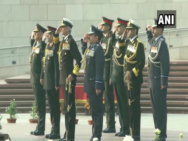 CDS General Bipin Rawat, Army chief General Manoj Mukund Narawane, chief of the Air Staff Air Chief Marshal RKS Bhadauria and Navy chief Admiral Karambir Singh at the National War Memorial.