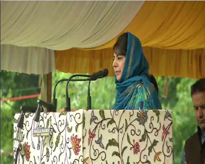 Former Chief Minister Mehbooba Mufti speaking at an event of her party in Srinagar on Sunday. Photo/ANI