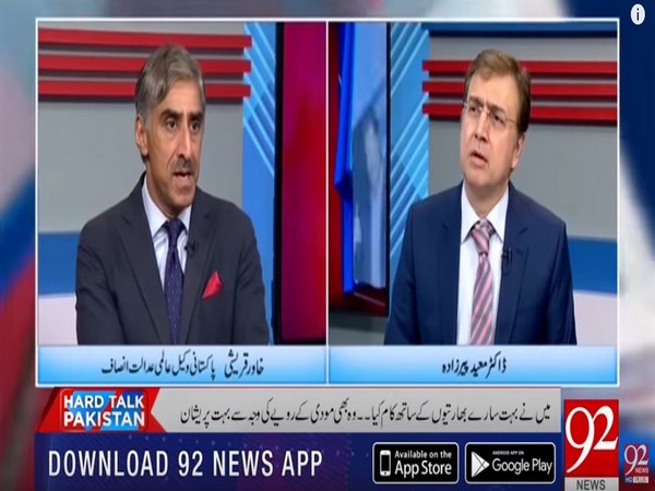 Pakistan ICJ lawyer Khawar Qureshi (L) during a talk show on channel 92 News.