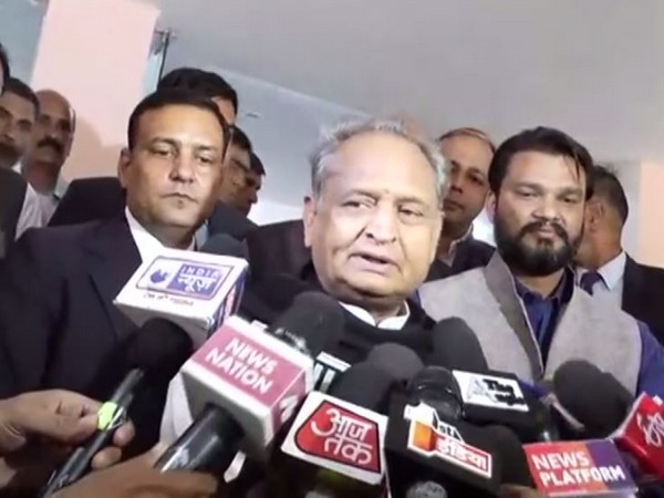 Rajasthan Chief Minister Ashok Gehlot speaking to reporters in Jaipur on Saturday. Photo/ANI