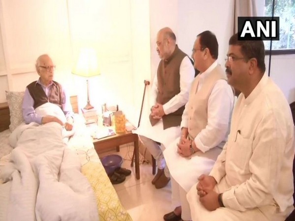 BJP president Amit Shah, BJP working President JP Nadda along with party leader Dharmendra Pradan met Former Governor of Jammu and Kashmir, Jagmohan on Tuesday. (Photo/ANI)
