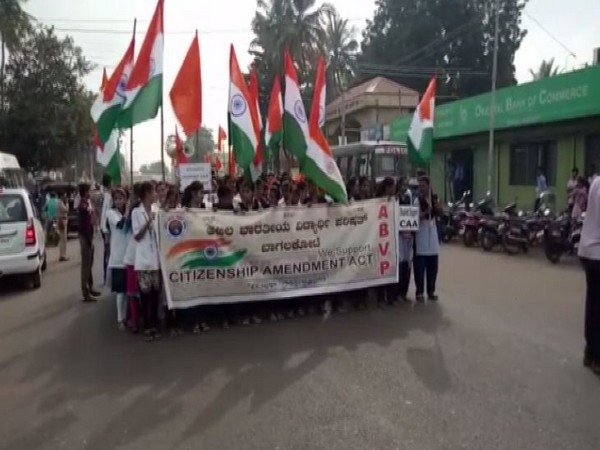 Students staging a march in favour of new citizenship law in Bagalkot, Karnataka on Friday.