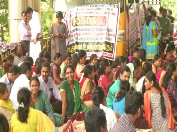 Tamil doctors indefinite strike continues for the fourth day inside Rajiv Gandhi Hospital premises (Photo/ANI) 