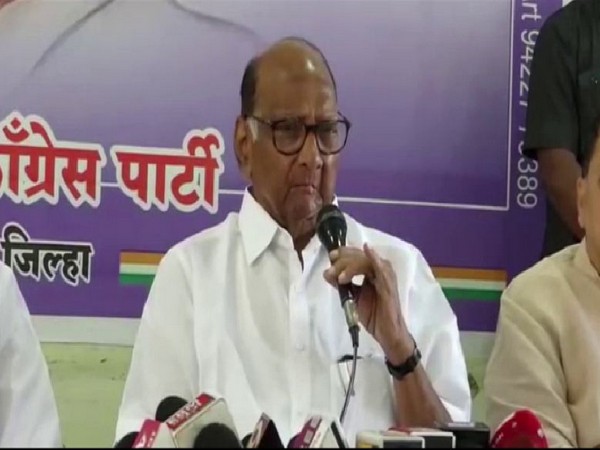 NCP chief Sharad Pawar speaking to reporters at a press conference in Jalgaon on Wednesday. Photo/ANI