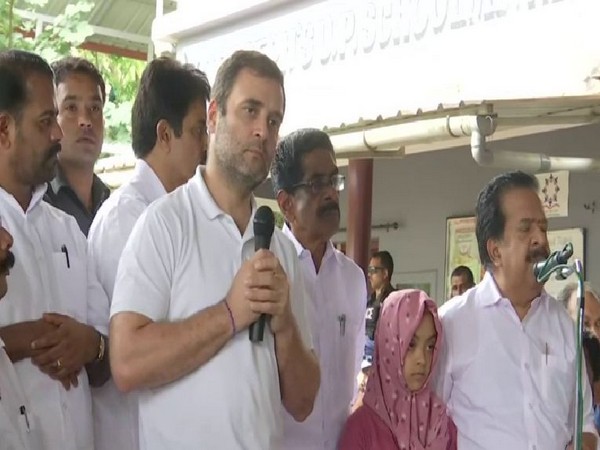 Congress leader Rahul Gandhi while addressing the flood-affected people in Meppadi, Wayanad on Monday. (Photo/ANI)