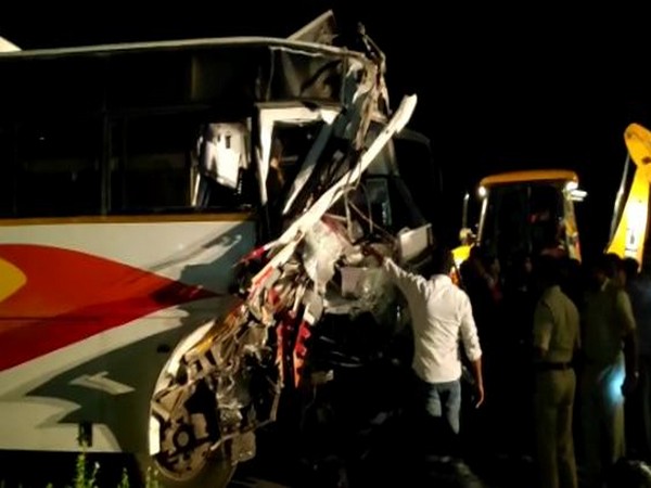 As many as 16 passengers were injured in bus-container lorry accident on Tuesday in Chittoor District. (Photo/ANI)