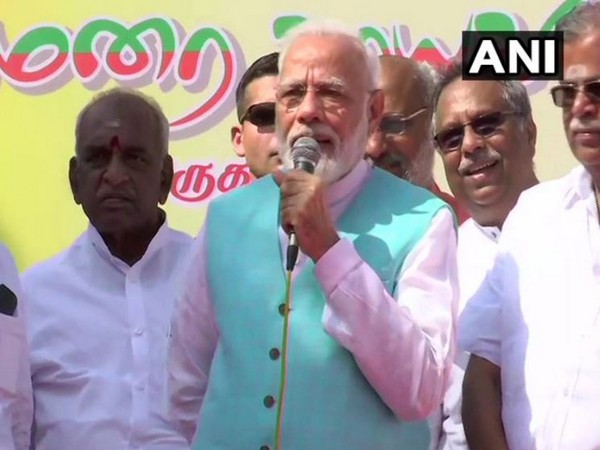 Prime Minister Narendra Modi while addressing the supporters in Chennai, Tamil Nadu on Monday. (Photo/ANI)