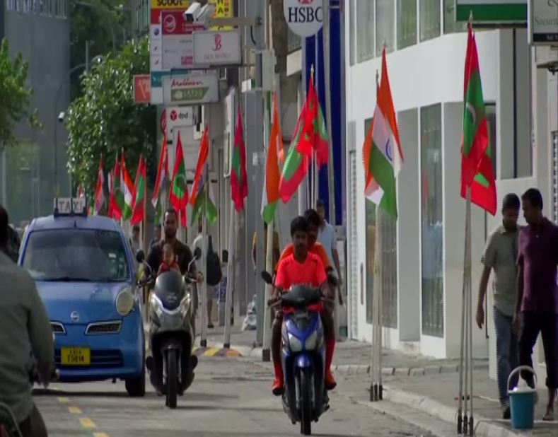 Flags of Maldives and India line up streets of Malé (Photo/ANI)