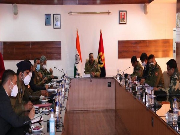 Jammu and Kashmir Director-General of Police (DGP) Dilbag Singh in the meeting with officials on Monday. Photo/ANI
