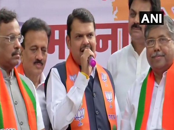 Maharashtra Chief Minister Devendra Fadnavis addressing party workers in Mumbai on Saturday. Photo/ANI