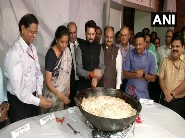 Finance Ministry Nirmala Sitharaman during the 'Halwa ceremony' at the North Block in New Delhi on Saturday. Photo/ANI