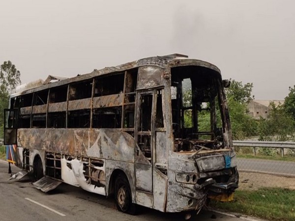 A private double-decker luxury bus caught fire in Pipli area, Haryana (Photo/ANI) 