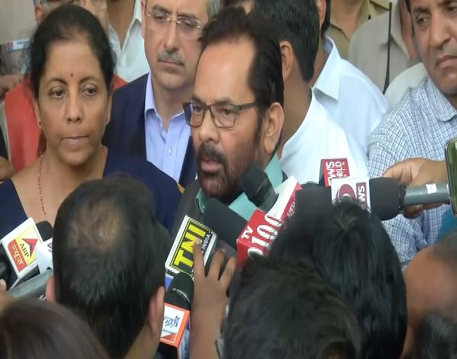 Union Minister Mukhtar Abbas Naqvi speaking to media personnel in New Delhi on Friday. Photo/ANI