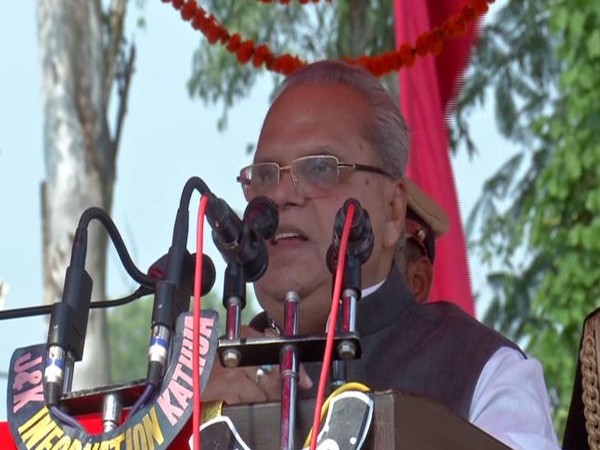Jammu and Kashmir Governor Satya Pal Malik addressing a public function in Kathua on Monday. Photo/ANI