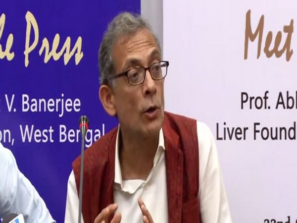 Nobel laureate Prof Abhijit Banerjee addressing a press conference in New Delhi on Tuesday. Photo/ANI