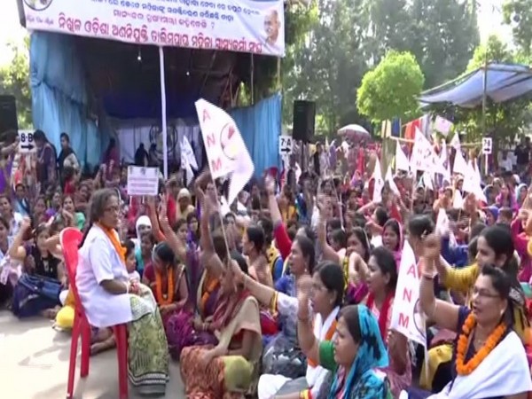 Auxiliary Nursing Midwiferies during their protest in front of Odisha Assembly on Friday. Photo/ANI