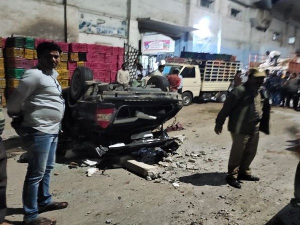 A speeding car fell of the flyover in Hyderabad on Tuesday (Photo/ANI)