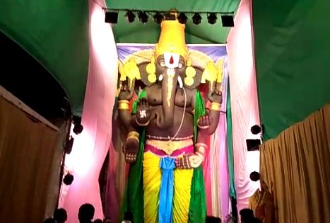 A 25 feet tall Lord Ganesha idol designed and erected in Rajupeta area of Machilipatnam, Andhra Pradesh on Monday. (Photo/ANI)
