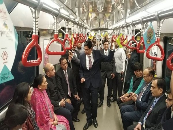 Governor of Uttar Pradesh, Anandiben Patel travelling in a metro in Lucknow.  (Photo/ANI)