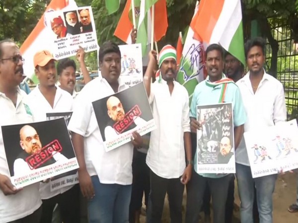 Youth Congress workers hold a protest in Chennai on Friday against the violence in Delhi and demanded Home Minister Amit Shah's resignation. Photo/ANI