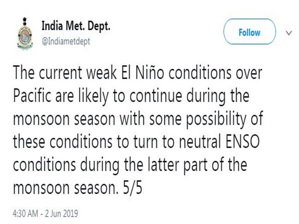 Indian Meteorological Department has tweeted on the El Nino conditions in India.