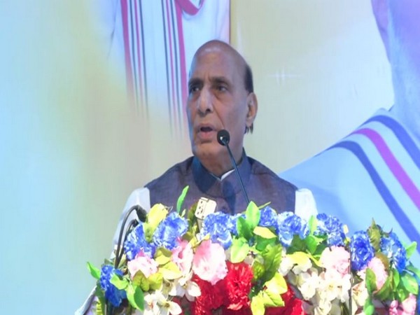 Defence Minister Rajnath Singh speaking at a public meeting in Patna on Sunday. Photo/ANI