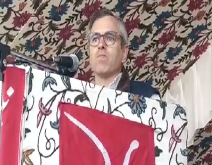 National Conference (NC) leader Omar Abdullah addressing an election rally in Handwara on Monday. Photo/ANI