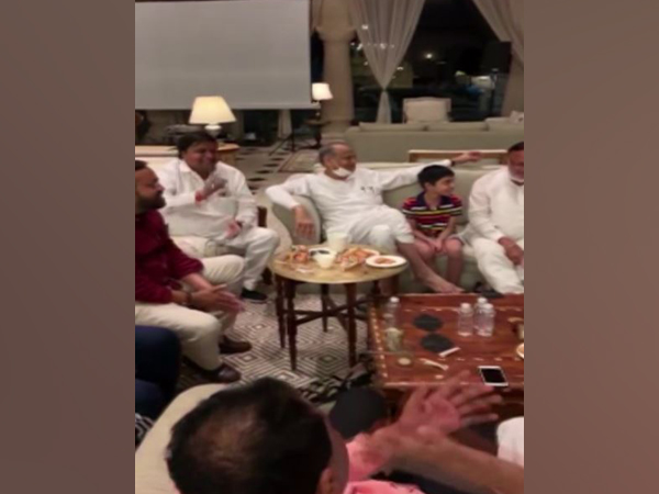 Congress MLAs singing along with CM Ashok Gehlot at a hotel in Jaipur (Photo/ANI)